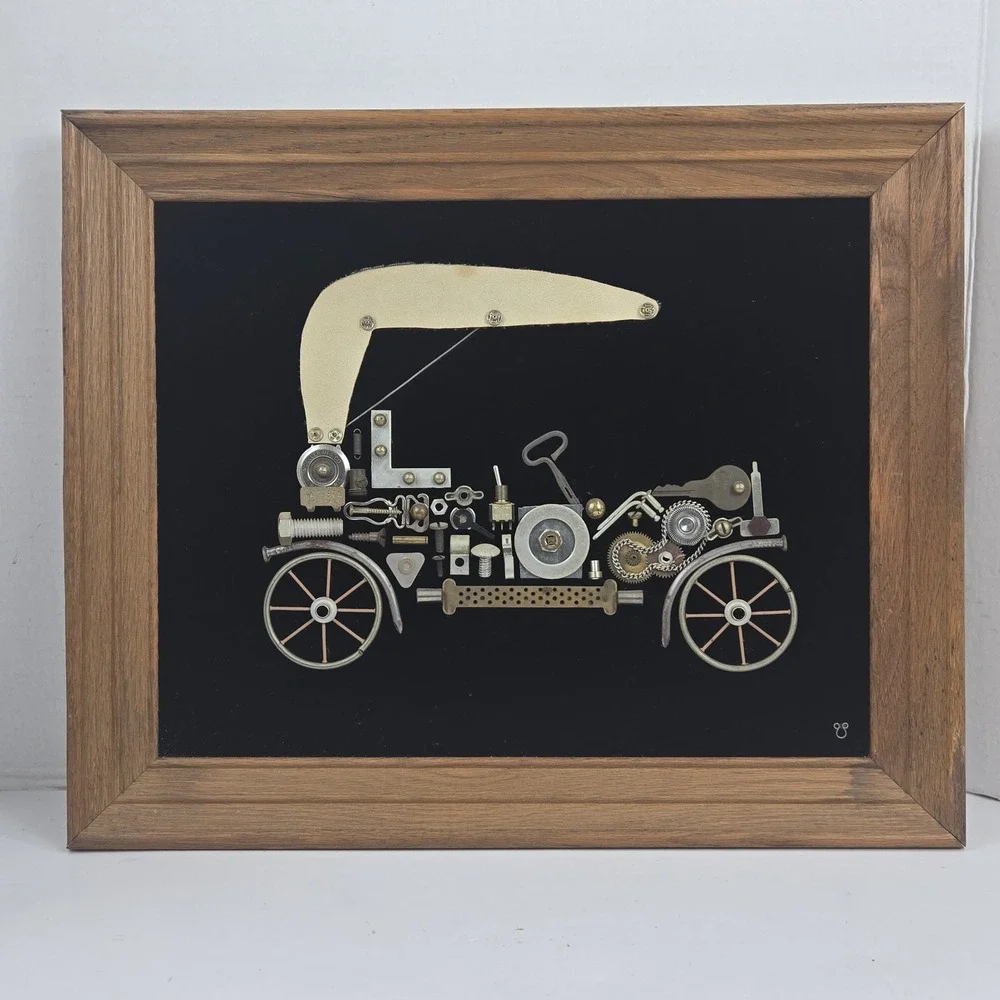 Vintage Steampunk Automobile Framed Repurposed Metal Wall Art on Velvet 14x17